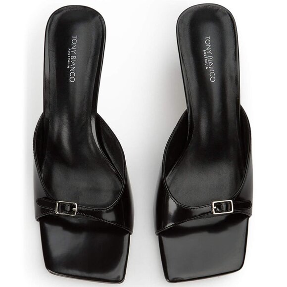 Tony Bianco Asar Sandal in Black Hi Shine slip on kitten heel leather - Picture 9 of 9